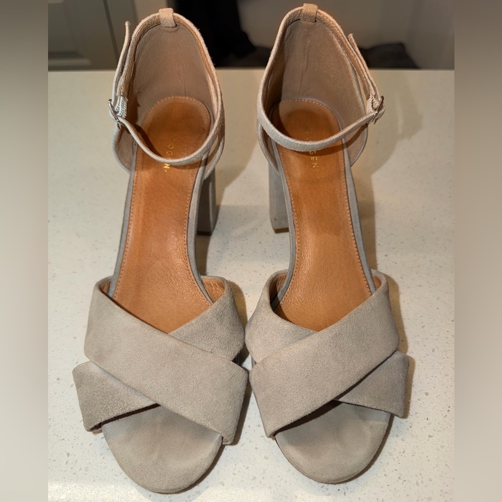 Grey Suede Crisscross Block Heel Sandals